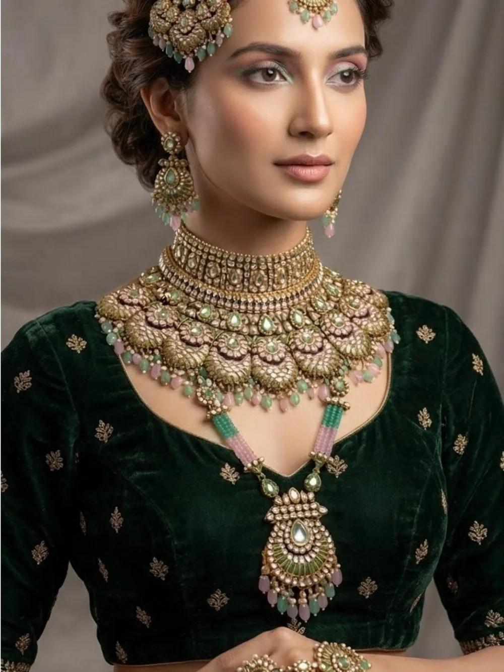 Elegant Green and Pastel Kundan Bridal Necklace Set - Women Jewelry